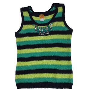 Ruby Rd Petite Striped Knit Tank Top Green Navy Beaded Neckline PL